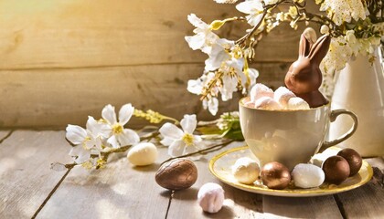 Obraz na płótnie Canvas easter hot chocolate with chocolate bunny rabbits easter eggs and marshmallow wooden background with spring flowers copy space