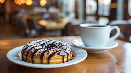   A white plate with a donut resting atop it and a cup of coffee positioned beside it on a wooden table - obrazy, fototapety, plakaty