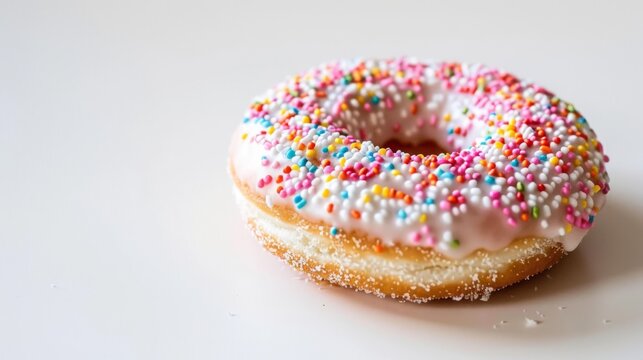   A white donut with white frosting and sprinkles on a white surface