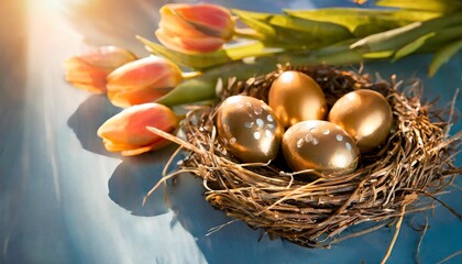 Fototapeta na wymiar easter eggs in nest with tulips on blue background infused symbolism