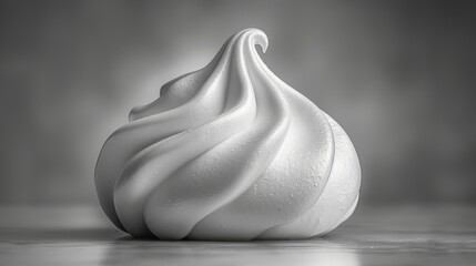   A monochrome image of a giant whipped cream cone positioned on top of a flat surface