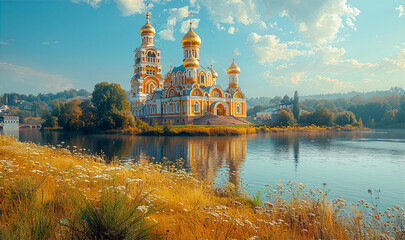 Very beautiful Eastern European  orthodox church with golden domes locates on river at sunny summer day.  
