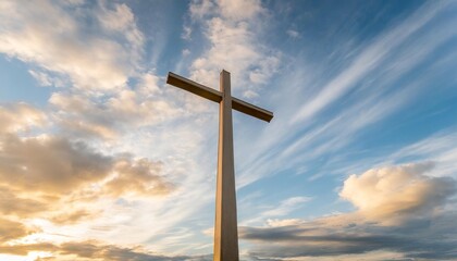 christian cross appears bright in the blue clloudy sky background