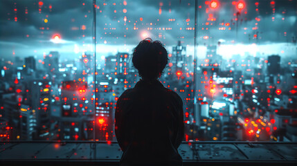 Human back side view, silhouette on the blurred city view behind a wet glass 