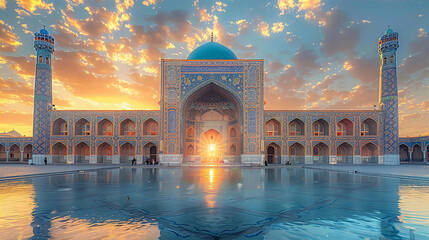 Iconic view of central Asia mosque at sunset, inspired by Iranian culture.Beautiful Islamic architecture.    Travel, culture and education concept  - obrazy, fototapety, plakaty