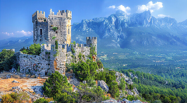 Fantastic view at French medieval castle which was reconstructed in 18th century, beautiful landscape panorama with mountains and forest around