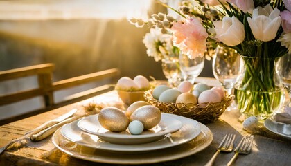 beautiful easter table setting with flowers and easter eggs - obrazy, fototapety, plakaty
