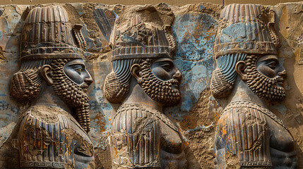 Mesopotamian art, Assyrian wall relief showing king and prists, inspired by art around 669 BC 