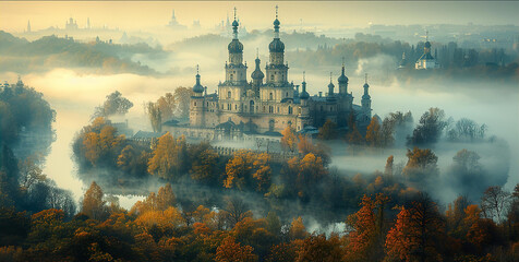 Old Russian medieval monastery situated on river or lake island at early morning mist and fog with gentle sunrise light - obrazy, fototapety, plakaty