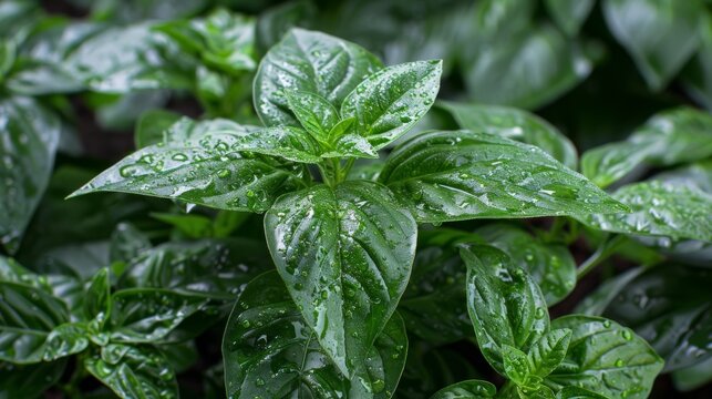   Close-up image of a green leafy plant with water droplets and background greenery