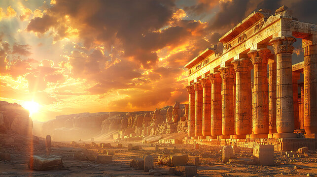 Ancient temple in Egypt inspired by Amarna period, historical reconstruction illustration