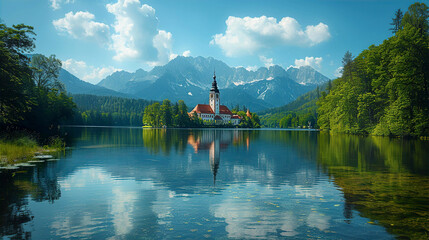 European cathedral on countryside, locates on lake with beautiful mountains panorama at the background - obrazy, fototapety, plakaty