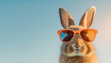 funny rabbit in trendy orange sunglasses pastel blue background copy space for text image