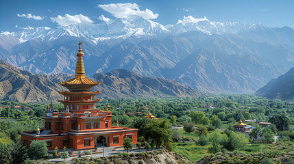 Tibetan temple in high mountains and beautiful panorama with mountains and valley. Travel and...