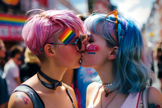 Two lesbian girl kissing, pride , rainbow flag, lqbtq, diversity concept, parade background, love and romance, gay template