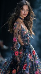 Very beautiful female woman model is walking at fashion runway show