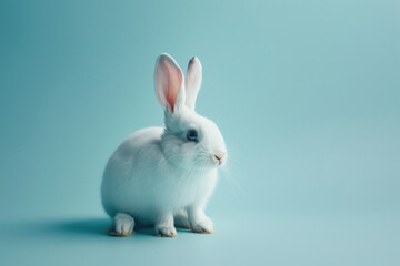 Obraz premium A purebred rabbit poses for a portrait in a studio with a solid color background during a pet photoshoot.