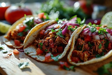 Delicious Spicy Tacos Served on Wooden Board - 769123999
