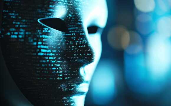 Digital mask with binary code pattern, online anonymity concept with copy space