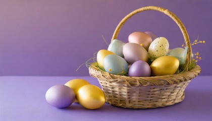 image of multi coloured easter eggs in basket and copy space on purple background