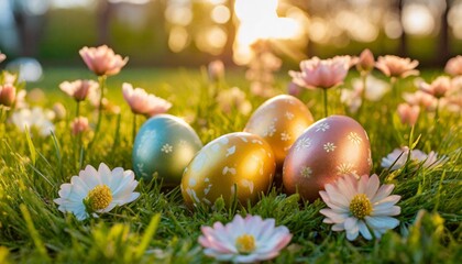 Fototapeta na wymiar colorful easter eggs on green grass with spring flowers