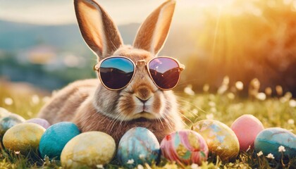 easter bunny rabbit in cool sunglasses wit colorful easter eggs easter egg hunt concept bunny easter with sunglasses and eggs in hipster style cool easter bunny wearing sunglasses - obrazy, fototapety, plakaty