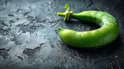   A green pea rests atop a black table adjacent to a green pepper positioned on a black surface - obrazy, fototapety, plakaty