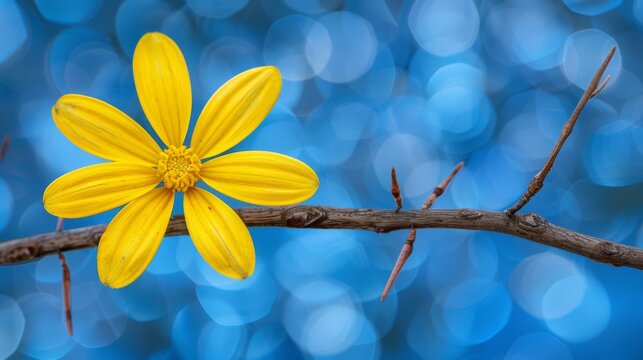   Close-up photo of a yellow flower on a branch with blue bokeh background