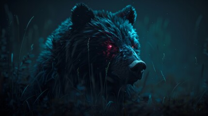   A tight shot of a black bear grazing amidst tall blades of grass, illuminated by a warm red beam shining from above