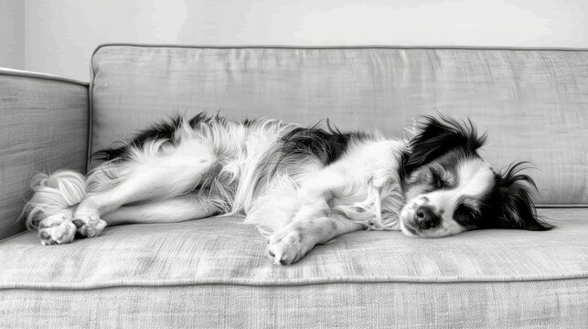   A grayscale image depicts a pooch reclining on a sofa with its nose resting on the back of the cushion