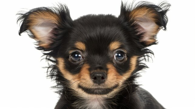   A detailed image of a tiny pup with lengthy locks on its head, gazing intently into the lens