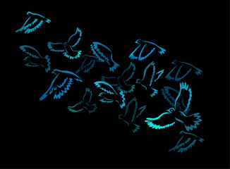A flock of blue watercolor flying birds on a black background. Free birds abstraction. hand drawing. Not AI. Vector illustration