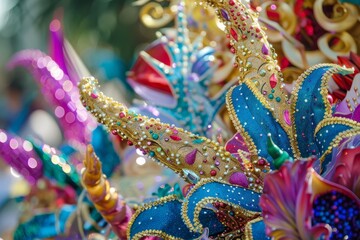 A close up view of a colorful array of Mardi Gras decorations, including beads, masks, and feathers