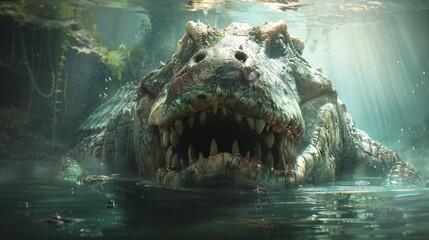   A macro image of an aquatic creature with its mouth agape and wide-open teeth - obrazy, fototapety, plakaty