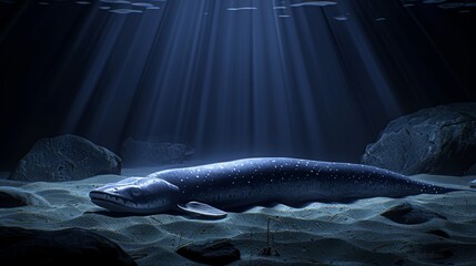   A sizable fish positioned atop a sandy seashore near boulders, illuminated by a beam of sunlight above the water - obrazy, fototapety, plakaty