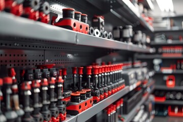 A closeup shot of shelves in a store filled with a wide variety of specialized automotive tools and equipment - obrazy, fototapety, plakaty