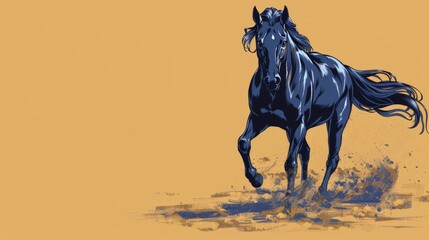   A black horse gallops on a yellow-orange backdrop, speckled with blue paint on its coat