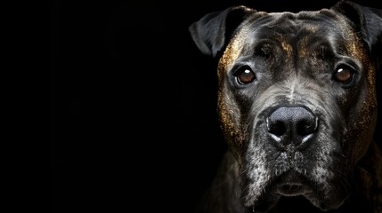   A close-up photo of a dog's face on a black backdrop with a highlight on its snout - obrazy, fototapety, plakaty