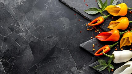   Tulips and peppers on a slate board with peppercorns and peppercorn sprinkles - obrazy, fototapety, plakaty