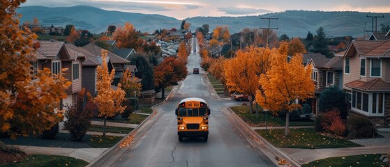 Back to School Adventure: Children Waving Goodbye on First Day of Journey Through Suburban Neighborhood