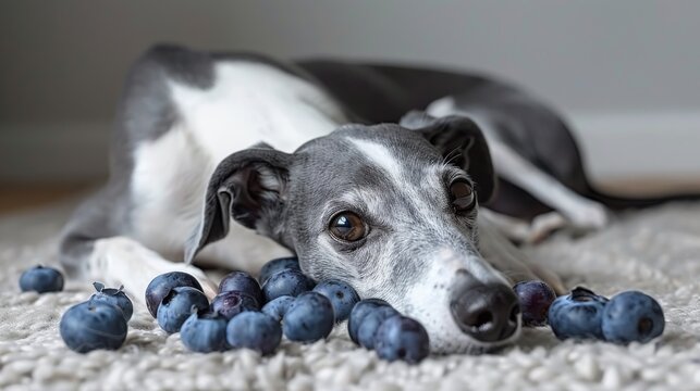   A photo of a dog resting on the ground and gazing into the lens as blueberries sit nearby