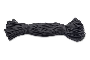 Black rope isolated on white. Cutout coil of rope. Stron line loop. Twisted fabric wire line. Long...