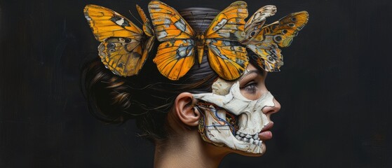  A woman wearing a butterfly-shaped skull on her head and butterflies on her face