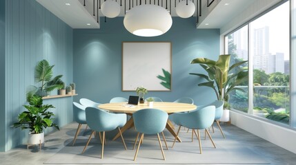 White and blue business interior with meeting room, round wooden table and chairs in a row, panoramic window in tropical area.