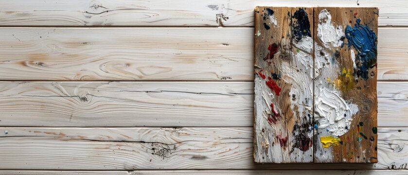   A detailed photo of a painting hanging on a wooden wall, featuring paint drips on the adjacent surface