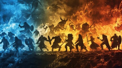 Silhouettes of hobbits and orcs engaged in epic combat, set against a dramatic backdrop - obrazy, fototapety, plakaty