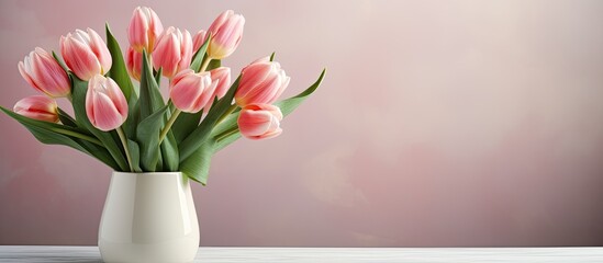 A beautiful flower vase filled with pink tulips is elegantly displayed on a table, creating a lovely floral centerpiece for the room