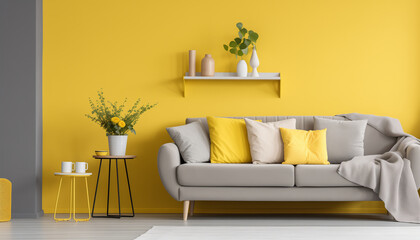Bright yellow living room interior with a comfortable sofa stylish furniture and yellow accessories