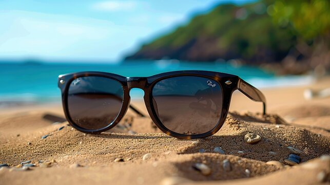Close-up black sunglasses on sandy beach background