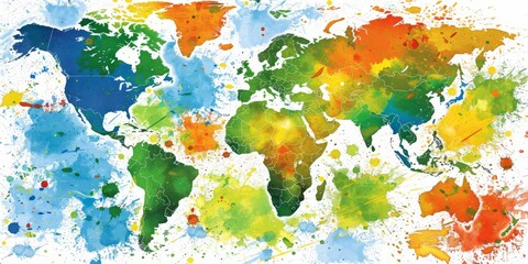 A Watercolor Painting of the World Map Blending Urban Skylines with a Green Environmental Touch, Generative AI - obrazy, fototapety, plakaty